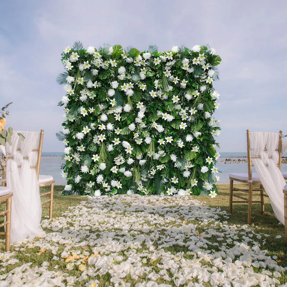 Luxe 5D White Lily & Chrysanthemum & Green Palm Leaf Floral Wall - Roll Up Curtain Style - Easy Install! Select Size