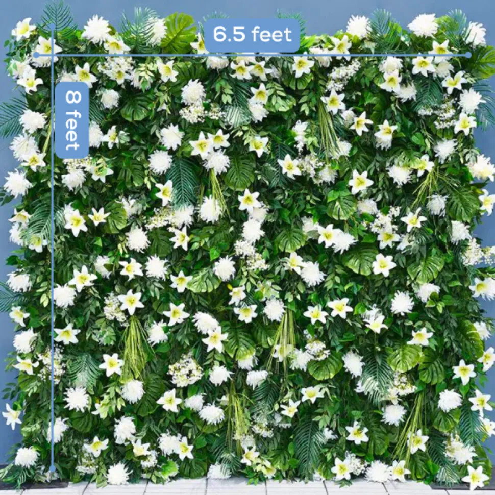 Luxe 5D White Lily & Chrysanthemum & Green Palm Leaf Floral Wall - Roll Up Curtain Style - Easy Install! Select Size