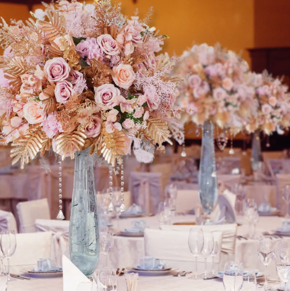 LUXE Golden Leaves & Pink Rose Table Centerpiece - 24 Inches