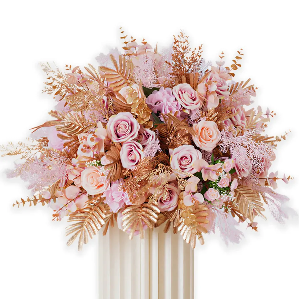 LUXE Golden Leaves & Pink Rose Table Centerpiece - 24 Inches