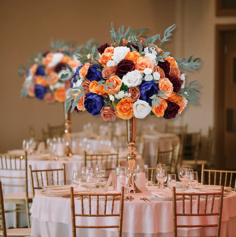 LUXE Orange & Royal Blue Rose Willow Leaves Mixed Table Centerpiece - 24 Inches