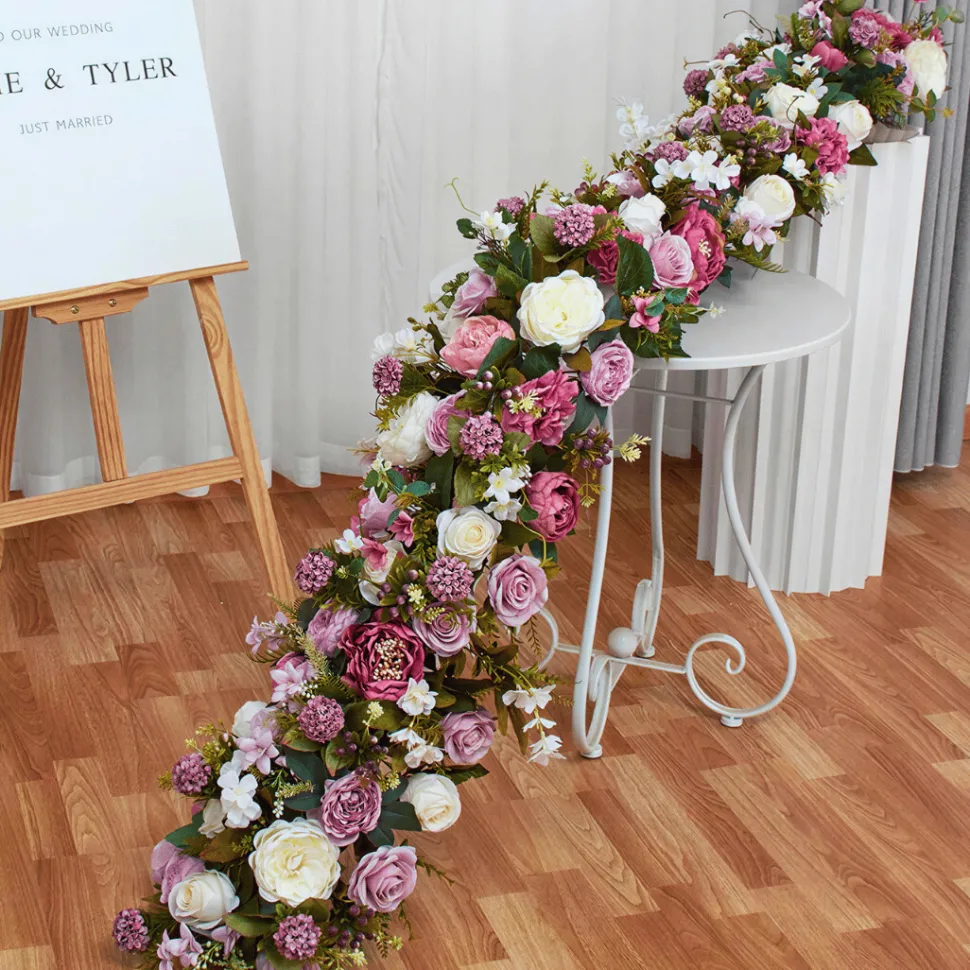 LUXE Purple Rose with Greenery Mixed Table Runner - 78 Inches