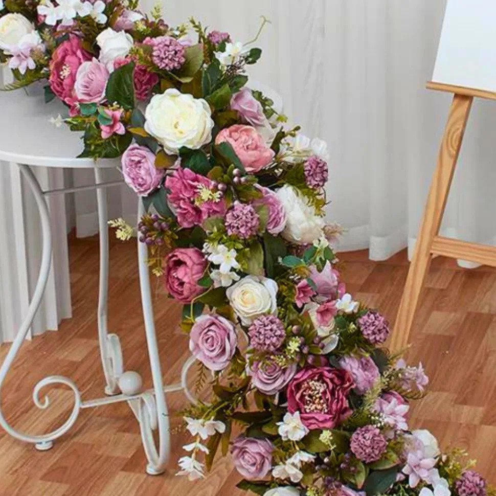 LUXE Purple Rose with Greenery Mixed Table Runner - 78 Inches