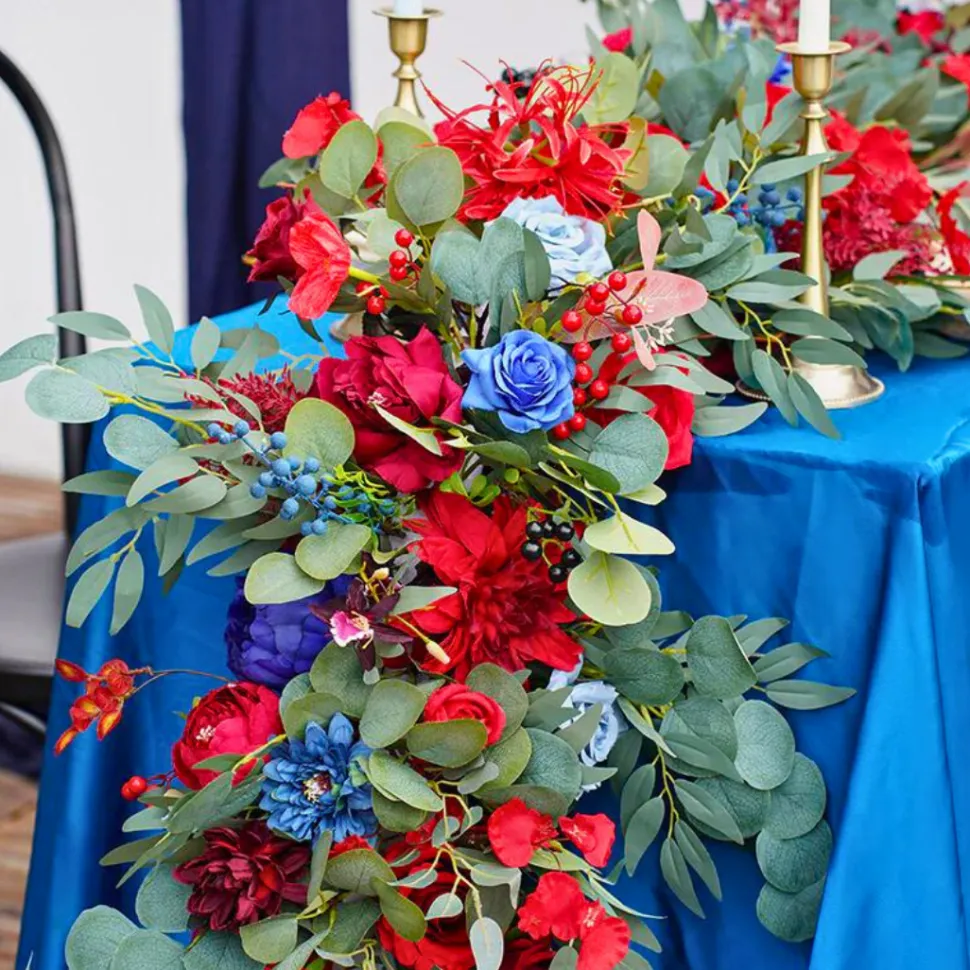 LUXE Red & Blue Rose & Greenery Mixed Table Runner - 82 Inches