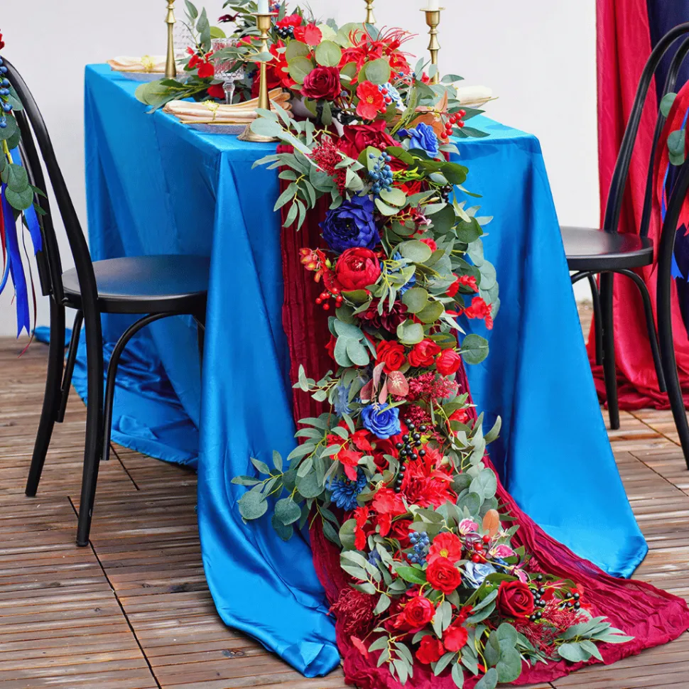 LUXE Red & Blue Rose & Greenery Mixed Table Runner - 82 Inches