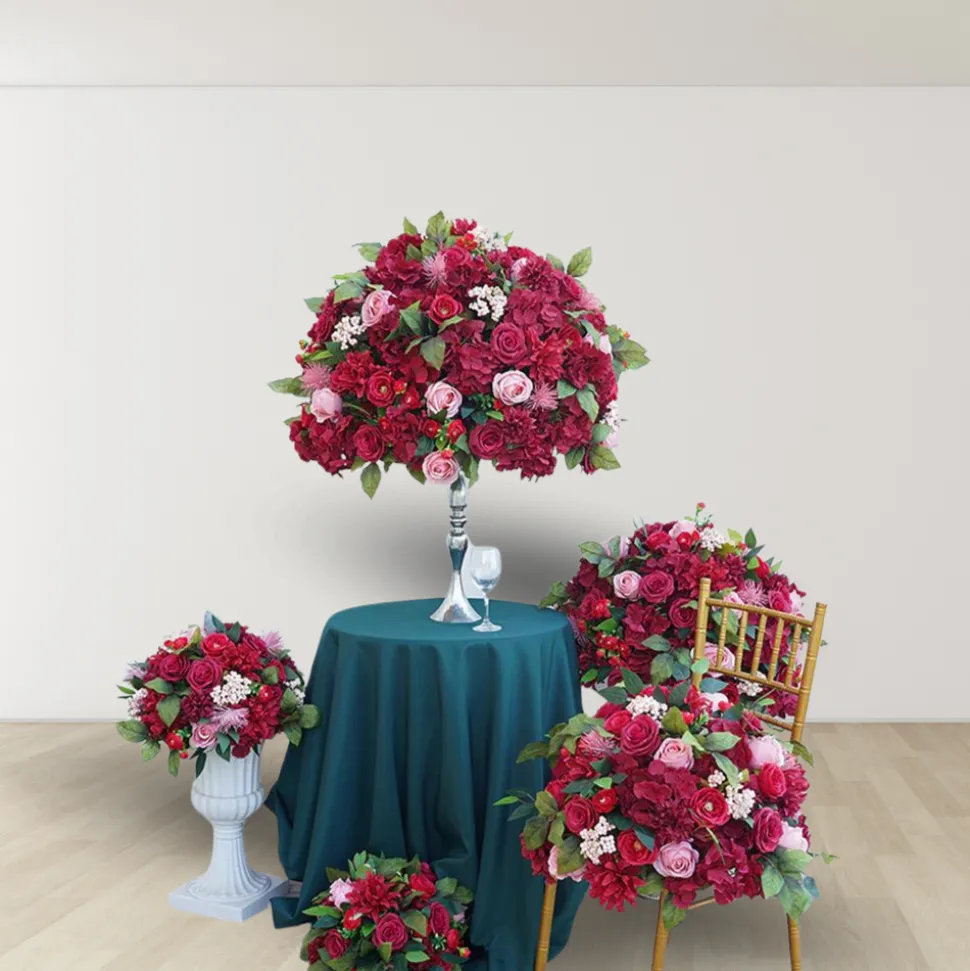 LUXE Red Rose, Hydrangea & Berry Flower Mixed Green Leaf Table Centerpiece - Choose Your Size!