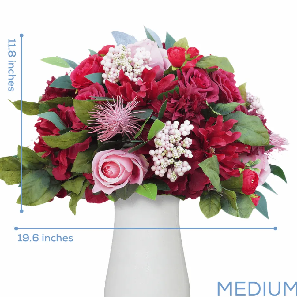 LUXE Red Rose, Hydrangea & Berry Flower Mixed Green Leaf Table Centerpiece - Choose Your Size!