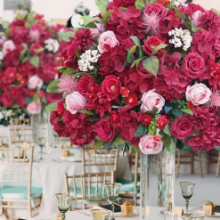 LUXE Red Rose, Hydrangea & Berry Flower Mixed Green Leaf Table Centerpiece - Choose Your Size!