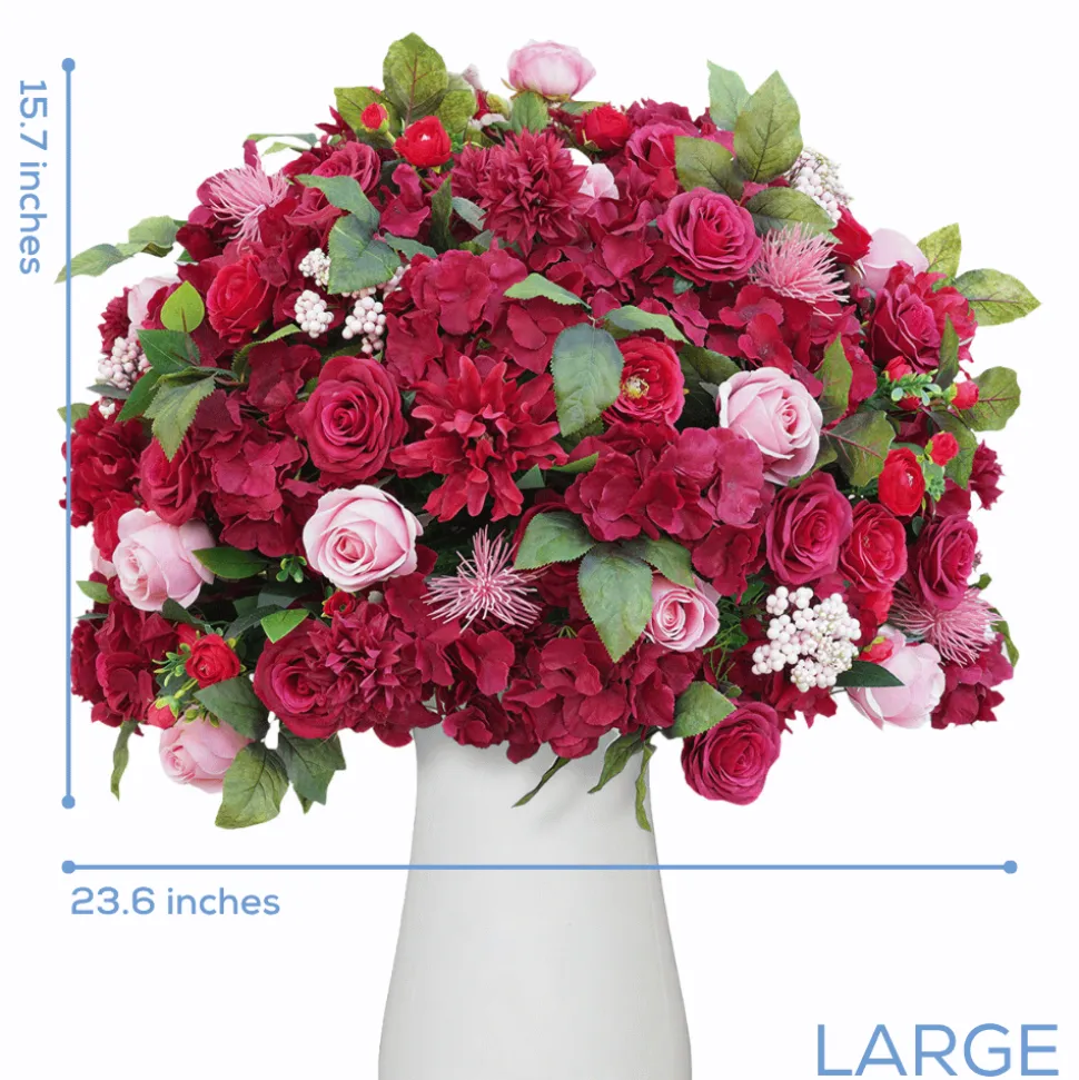 LUXE Red Rose, Hydrangea & Berry Flower Mixed Green Leaf Table Centerpiece - Choose Your Size!