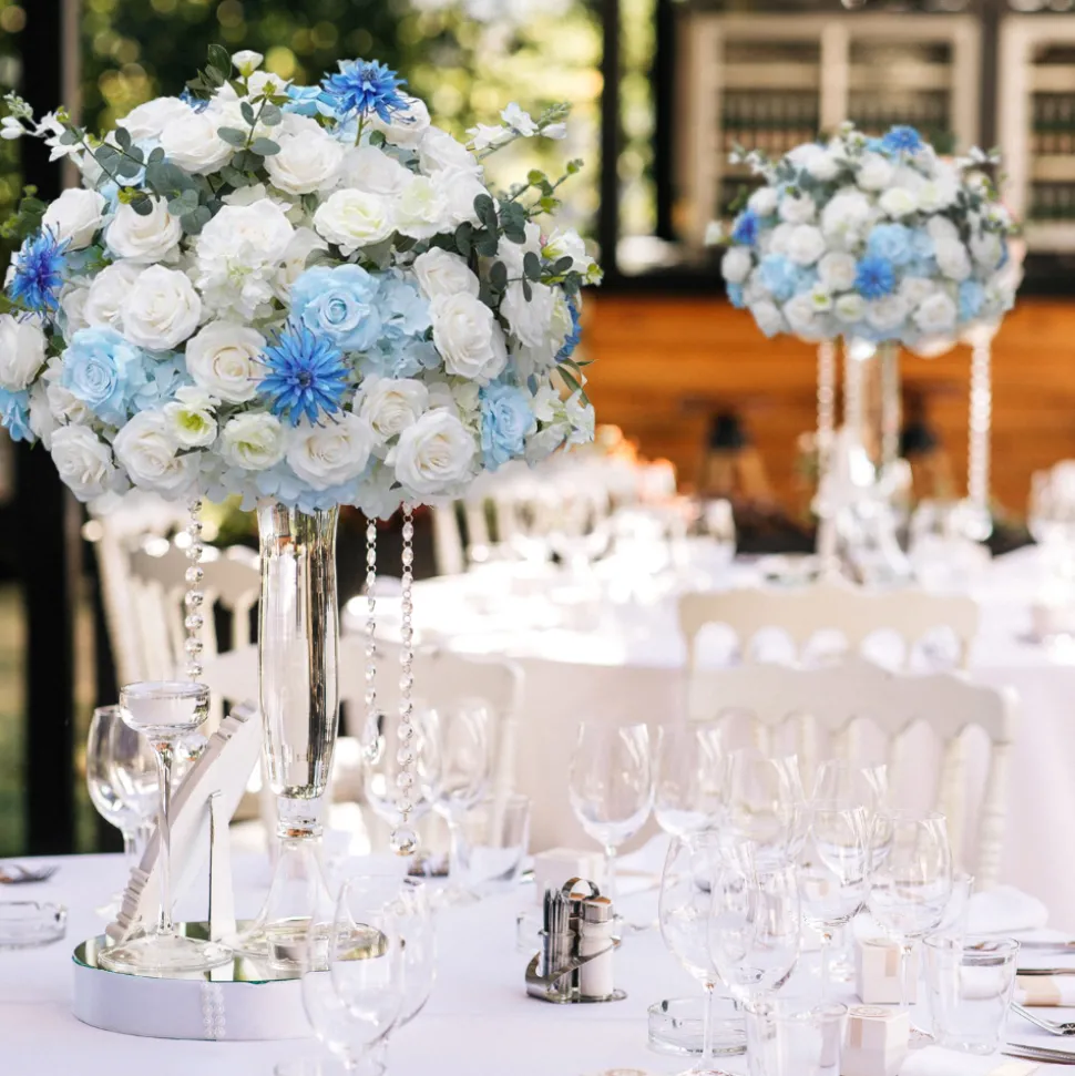 LUXE White & Blue Mixed Floral Table Centerpiece - 24 Inches