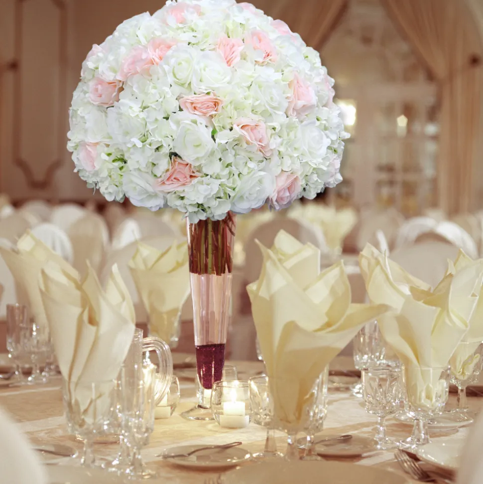 LUXE White & Pink Artificial Rose & Hydrangea Mixed Floral Table Centerpiece - 24 Inches