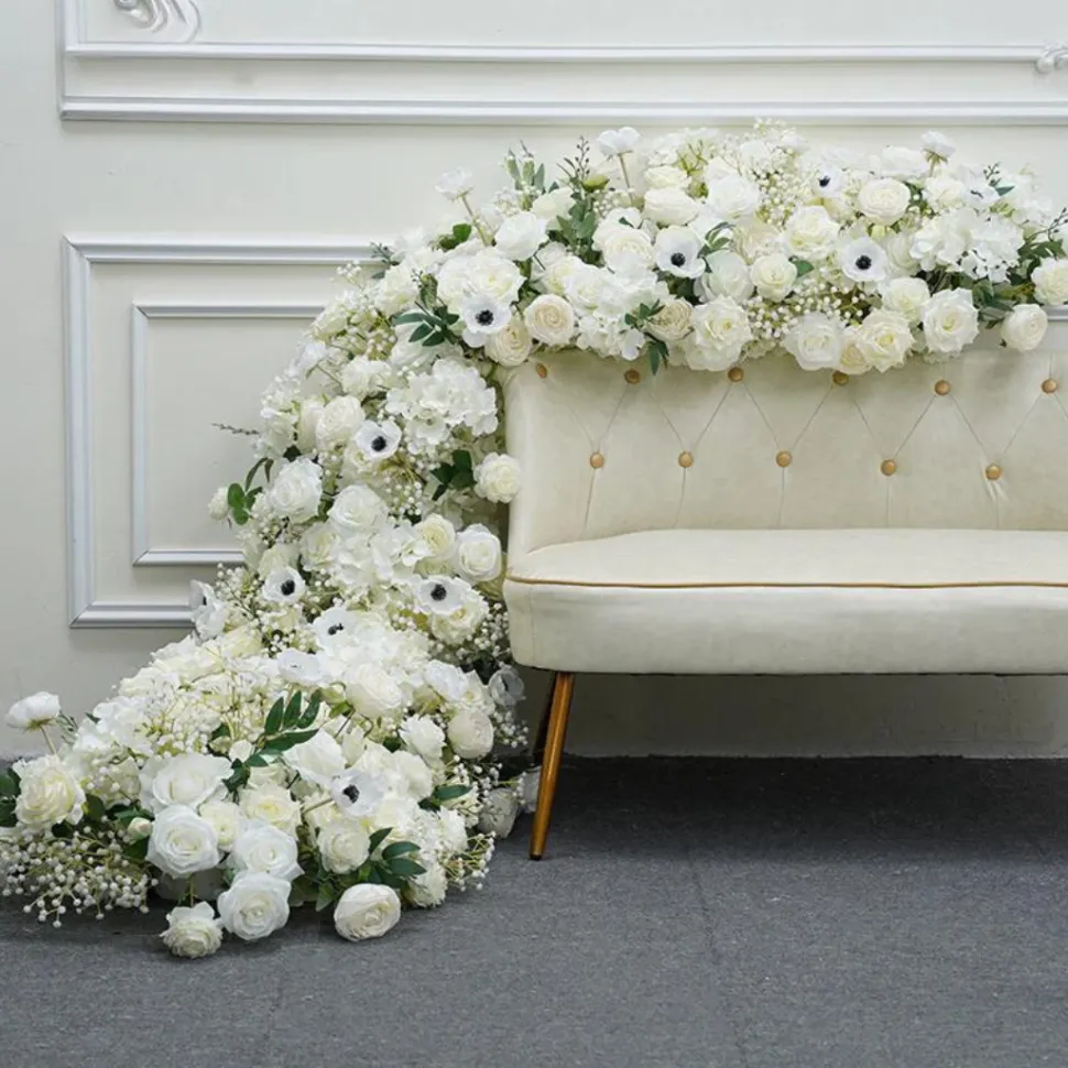 LUXE White Rose, Babysbreath & Poppy Mixed Table Runner - 87 Inches