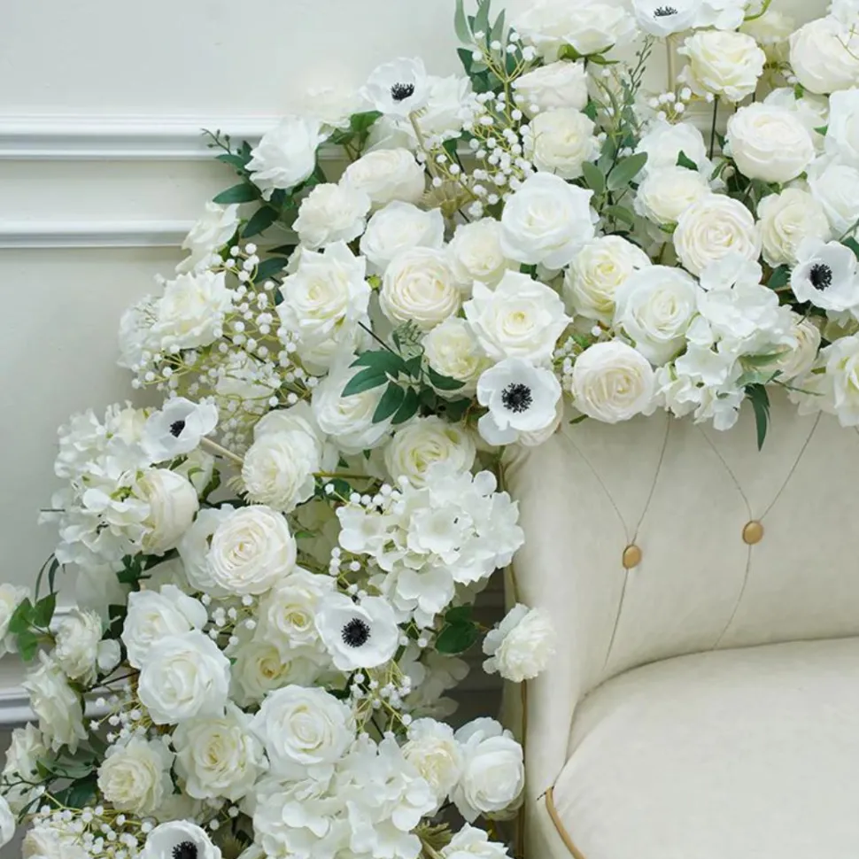 LUXE White Rose, Babysbreath & Poppy Mixed Table Runner - 87 Inches