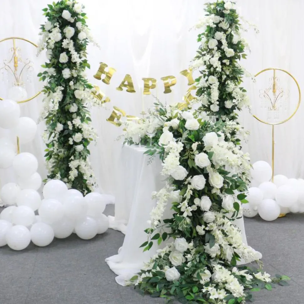 LUXE White Rose, Delphinium & Greenery Mixed Table Runner - 83 Inches