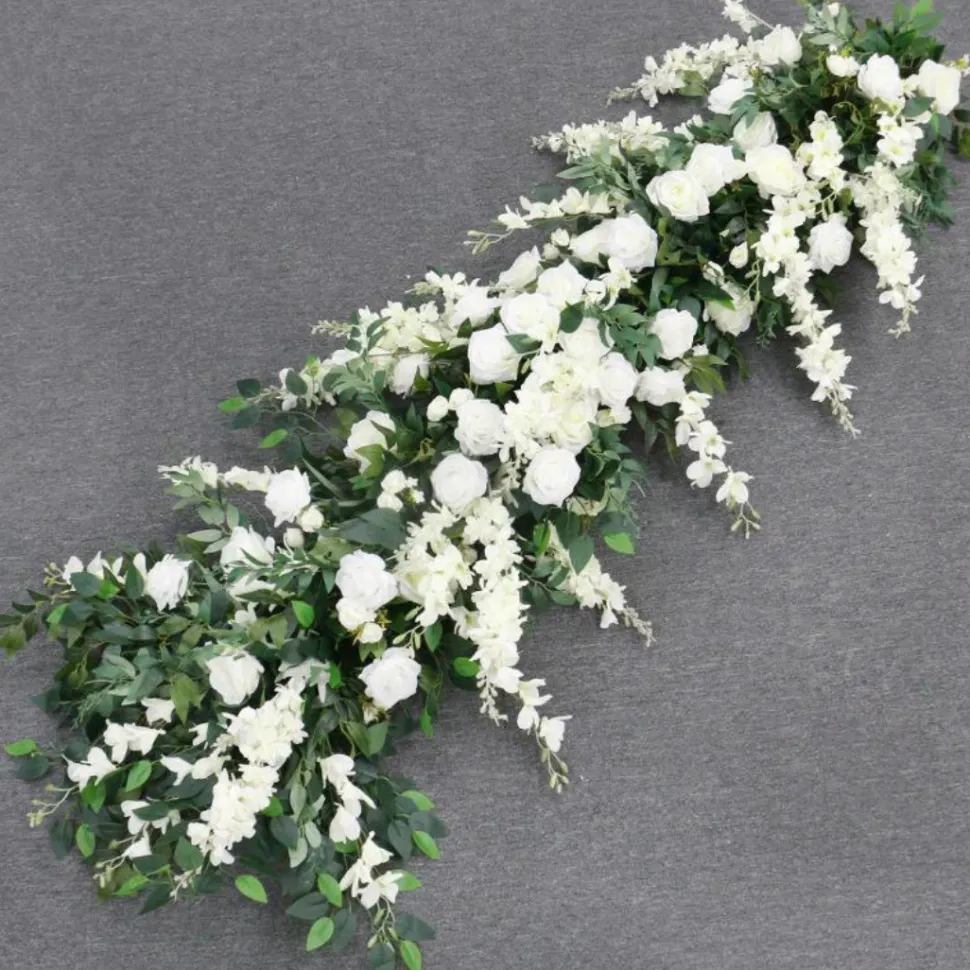 LUXE White Rose, Delphinium & Greenery Mixed Table Runner - 83 Inches