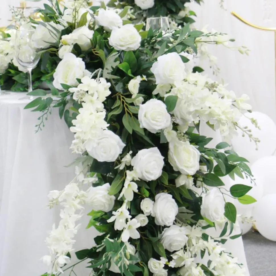 LUXE White Rose, Delphinium & Greenery Mixed Table Runner - 83 Inches