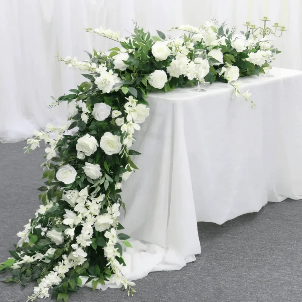 LUXE White Rose, Delphinium & Greenery Mixed Table Runner - 83 Inches