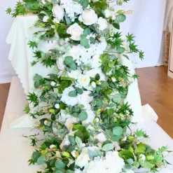 LUXE White Rose & Eucalyptus Leaves Mixed Table Runner - 79 Inches