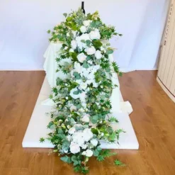 LUXE White Rose & Eucalyptus Leaves Mixed Table Runner - 79 Inches