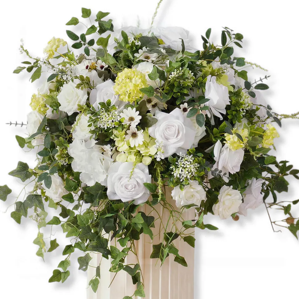LUXE White Rose & Green Plant Leaf & Hanging Vine Ivy Mixed Table Centerpiece - Choose Your Size!
