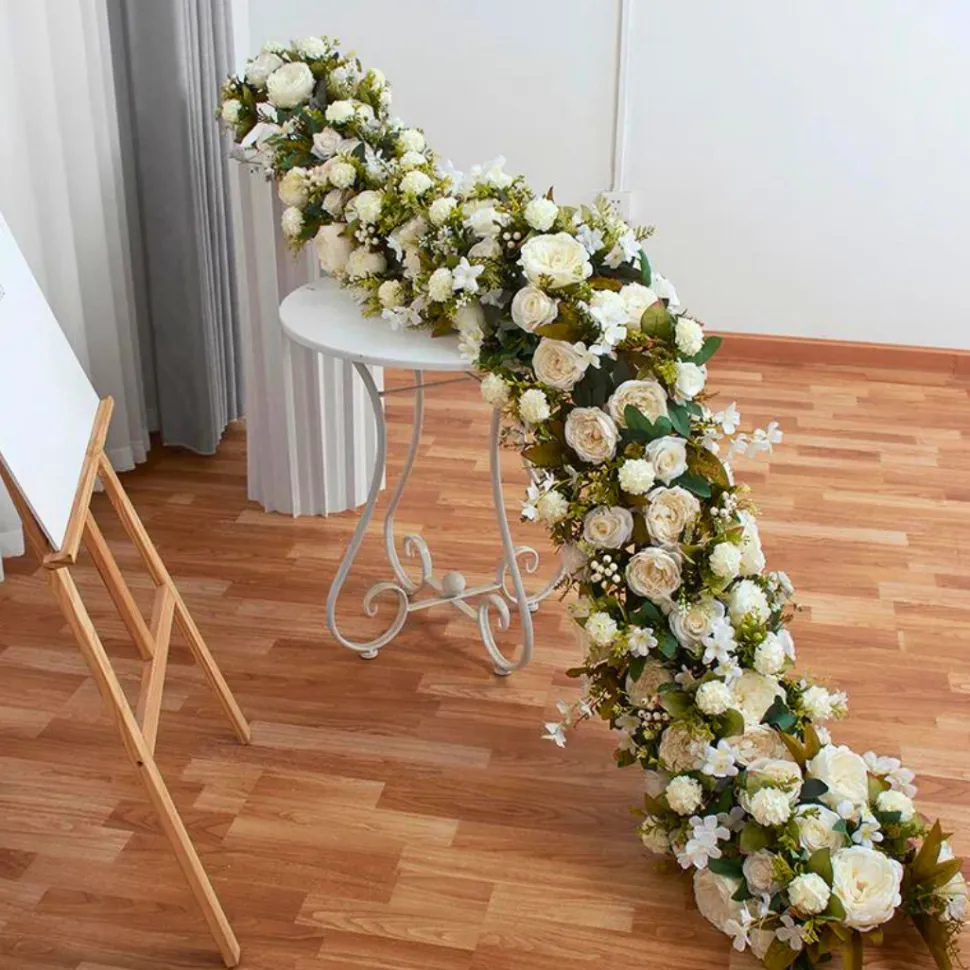 LUXE White Rose with Greenery Mixed Table Runner - 78 Inches