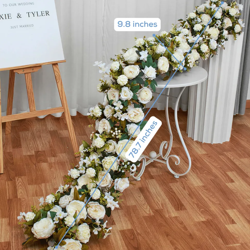 LUXE White Rose with Greenery Mixed Table Runner - 78 Inches