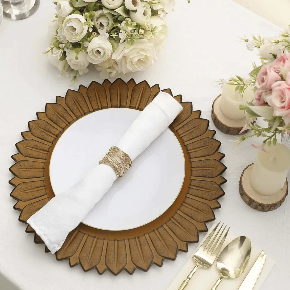 13" Matte Mustard Yellow Plastic Charger Plates with Sunflower Rim - 6 Pieces