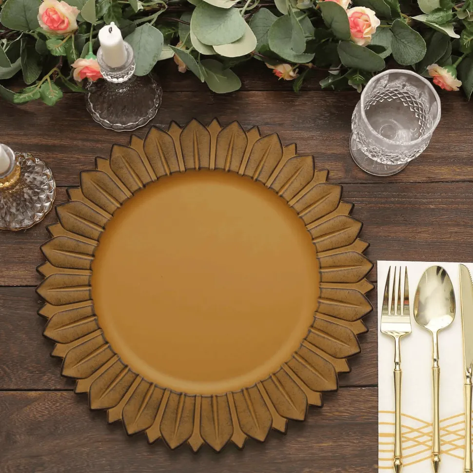 13" Matte Mustard Yellow Plastic Charger Plates with Sunflower Rim - 6 Pieces