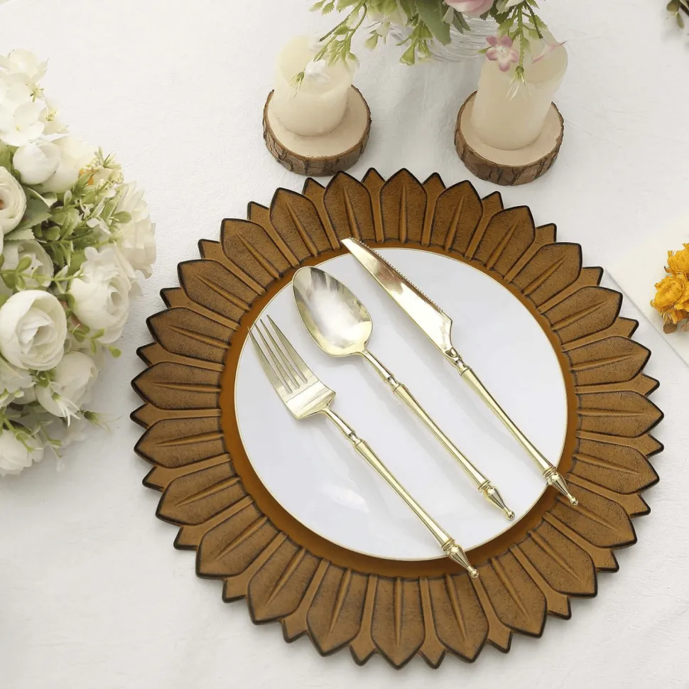 13" Matte Mustard Yellow Plastic Charger Plates with Sunflower Rim - 6 Pieces