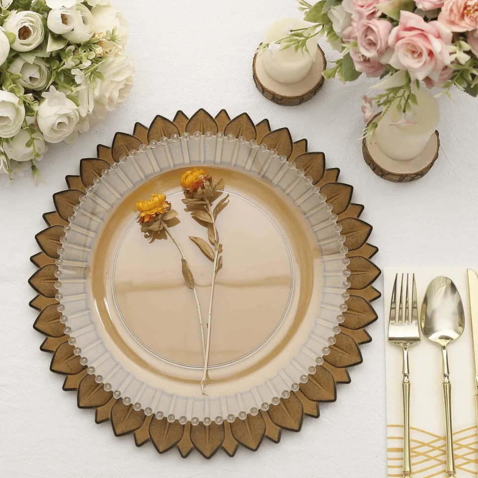 13" Matte Mustard Yellow Plastic Charger Plates with Sunflower Rim - 6 Pieces