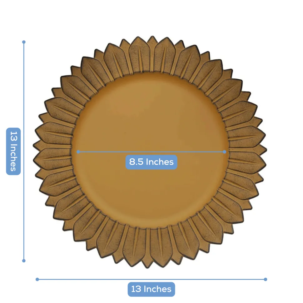 13" Matte Mustard Yellow Plastic Charger Plates with Sunflower Rim - 6 Pieces