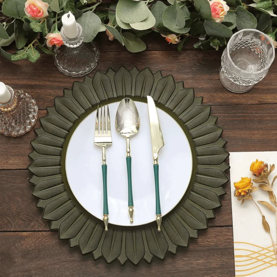 13" Matte Olive Green Plastic Charger Plates with Sunflower Rim - 6 Pieces