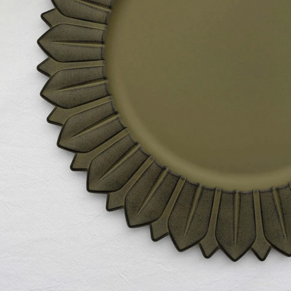 13" Matte Olive Green Plastic Charger Plates with Sunflower Rim - 6 Pieces