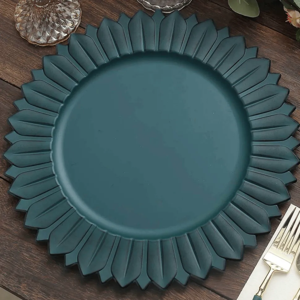 13" Matte Teal Plastic Charger Plates with Sunflower Rim - 6 Pieces