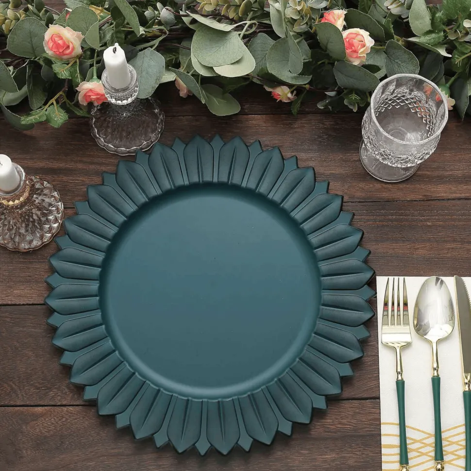 13" Matte Teal Plastic Charger Plates with Sunflower Rim - 6 Pieces
