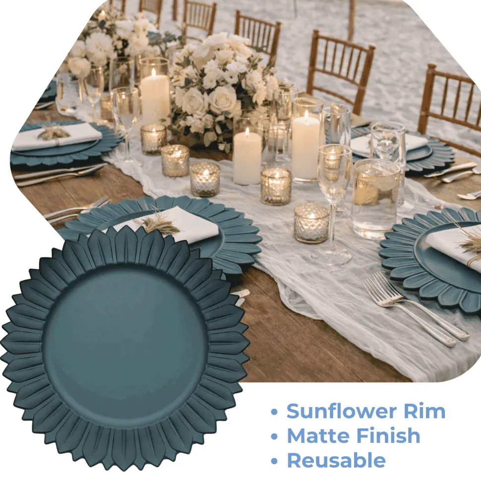 13" Matte Teal Plastic Charger Plates with Sunflower Rim - 6 Pieces