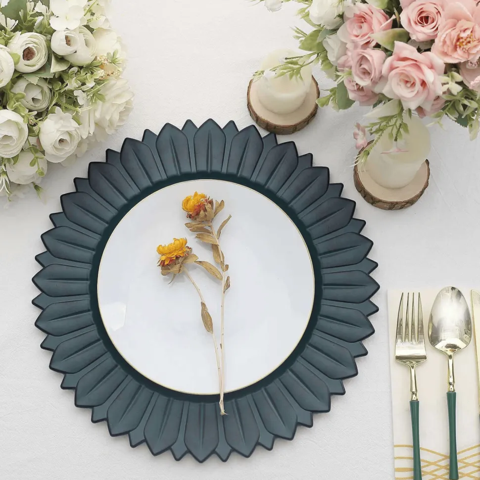 13" Matte Teal Plastic Charger Plates with Sunflower Rim - 6 Pieces