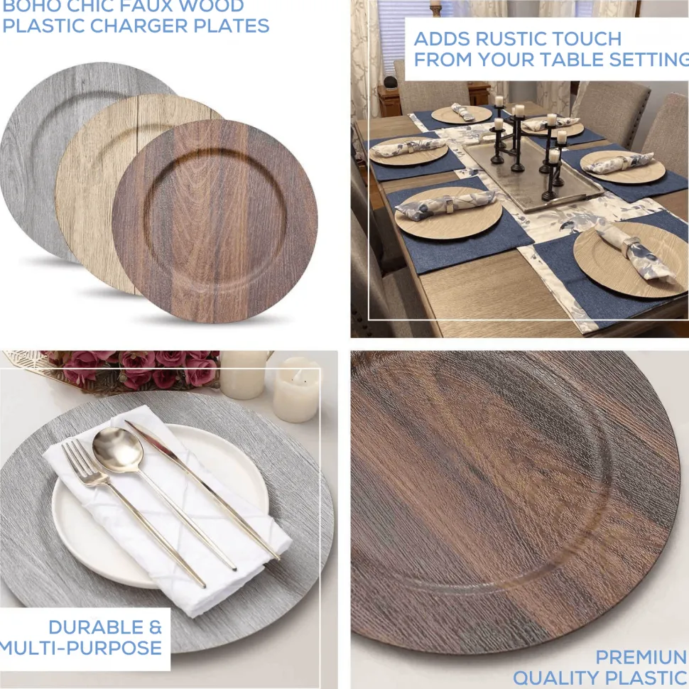 13" Natural Round Faux Wood Finish Charger Plates – 6 Pieces Reusable Plastic Chargers with Wide Rims