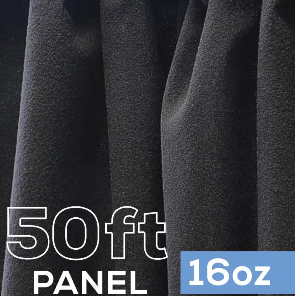 16oz. Fire Retardant Duvetyne/Commando Cloth - Sewn Drape Panel w/ 4" Rod Pockets - 50ft in Black