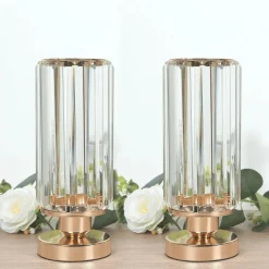 2-Pack Crystal Pendant Hurricane Candle Holders with Glass Shade - 11inches H x 4inches W (Gold Finish)