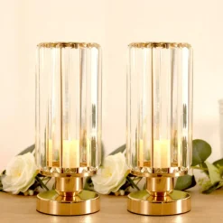 2-Pack Crystal Pendant Hurricane Candle Holders with Glass Shade - 11inches H x 4inches W (Gold Finish)
