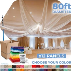 12 Panel Kit - Prefabricated Complete Ceiling Drape Kit - 80ft Diameter - Select Drop, Fabric & Color!