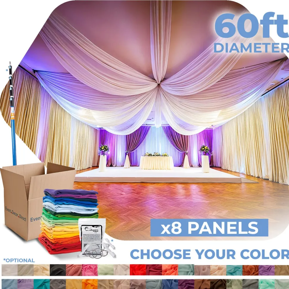 8 Panel Kit - Prefabricated Complete Ceiling Drape Kit - 60ft Diameter - Select Drop, Fabric & Color!