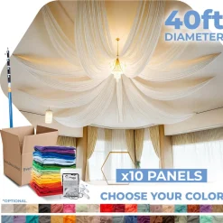 10 Panel Kit - Prefabricated Complete Ceiling Drape Kit - 40ft Diameter - Select Drop, Fabric & Color!