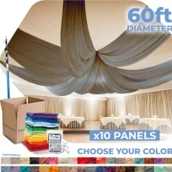 10 Panel Kit - Prefabricated Complete Ceiling Drape Kit - 60ft Diameter - Select Drop, Fabric & Color!