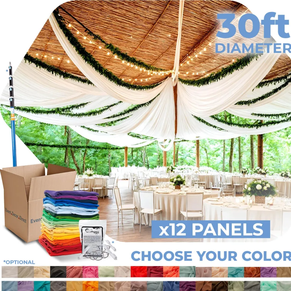 12 Panel Kit - Prefabricated Complete Ceiling Drape Kit - 30ft Diameter - Select Drop, Fabric & Color!