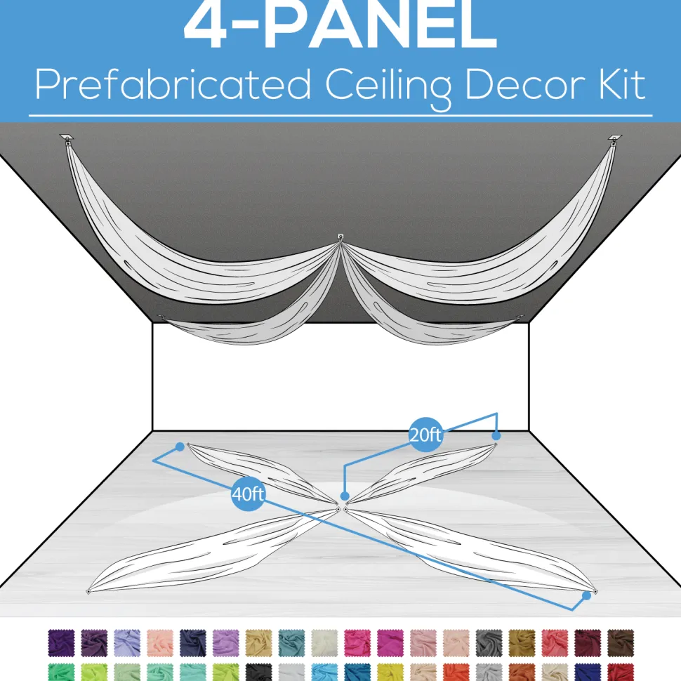 4 Panel Kit - Prefabricated Complete Ceiling Drape Kit - 40ft Diameter - Select Drop, Fabric & Color!