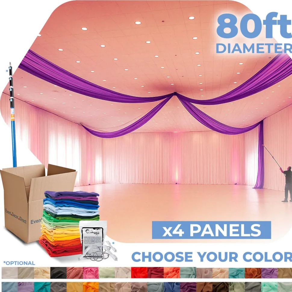 4 Panel Kit - Prefabricated Complete Ceiling Drape Kit - 80ft Diameter - Select Drop, Fabric & Color!