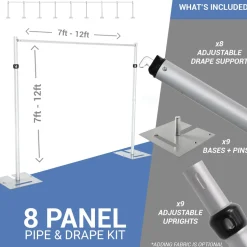 8-Panel Pipe and Drape Kit / Backdrop - 7-12 Feet Tall (Adjustable)