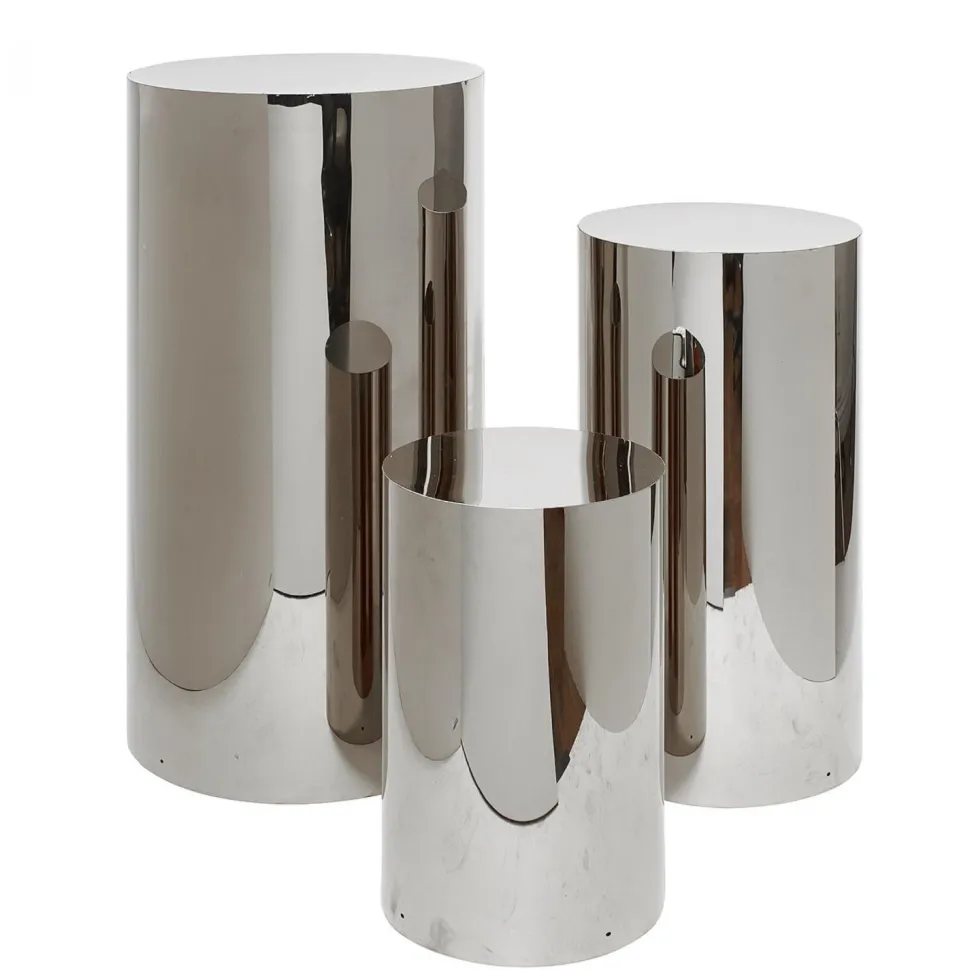 3 Piece Set of Metal Cylinder Pedestals Display - Silver